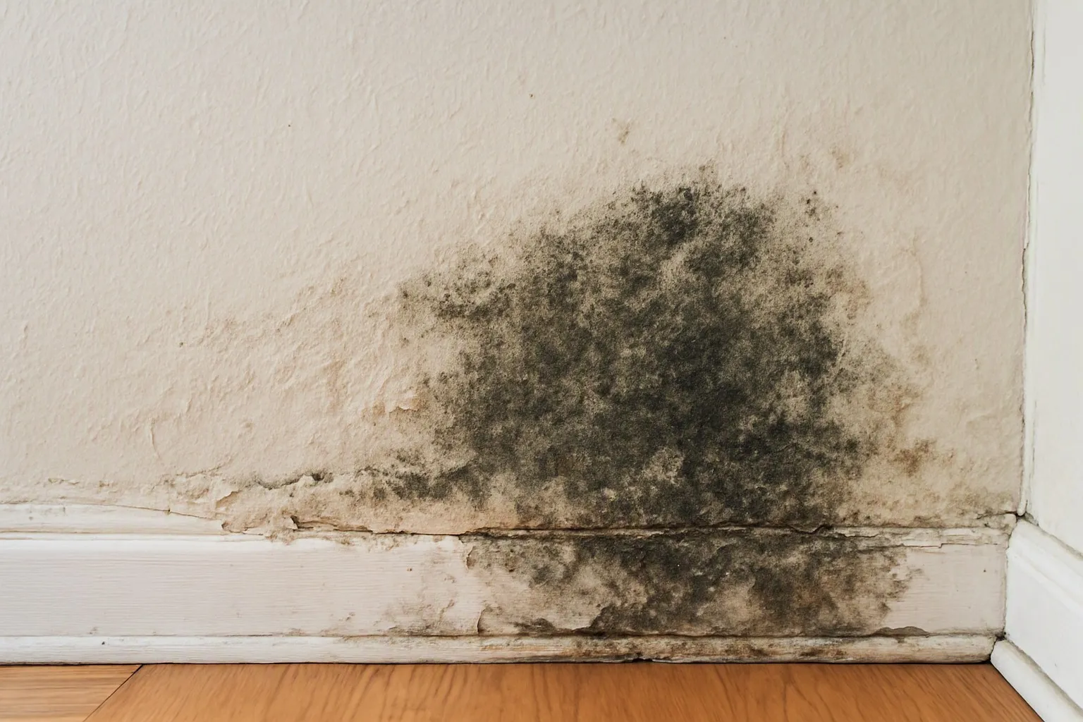 Close‑up of a water‑logged drywall with a visible mold stain