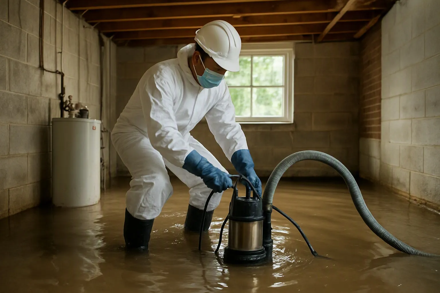 a flooded Atlanta home basement with water and a technician in protective gear using a pump