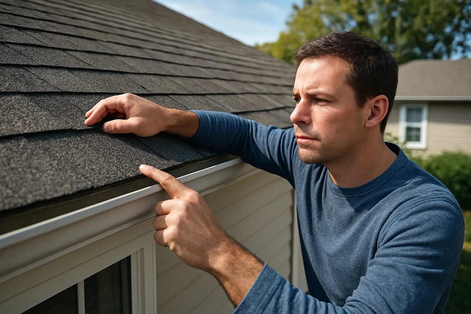 a short vivid photo of a person inspecting their roof and gutters