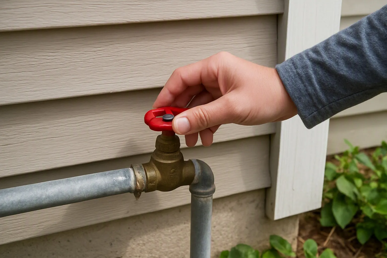 a short vivid photo of a person turning off the main water valve