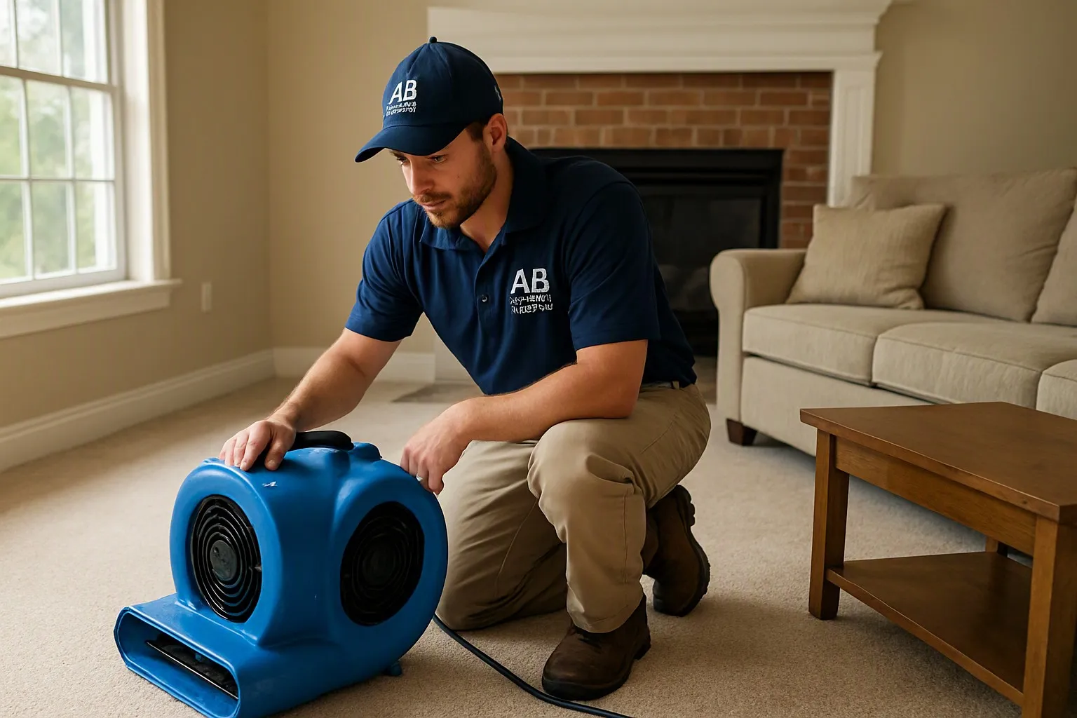 a technician in AB Water Damage uniform using an air mover in an Atlanta living room